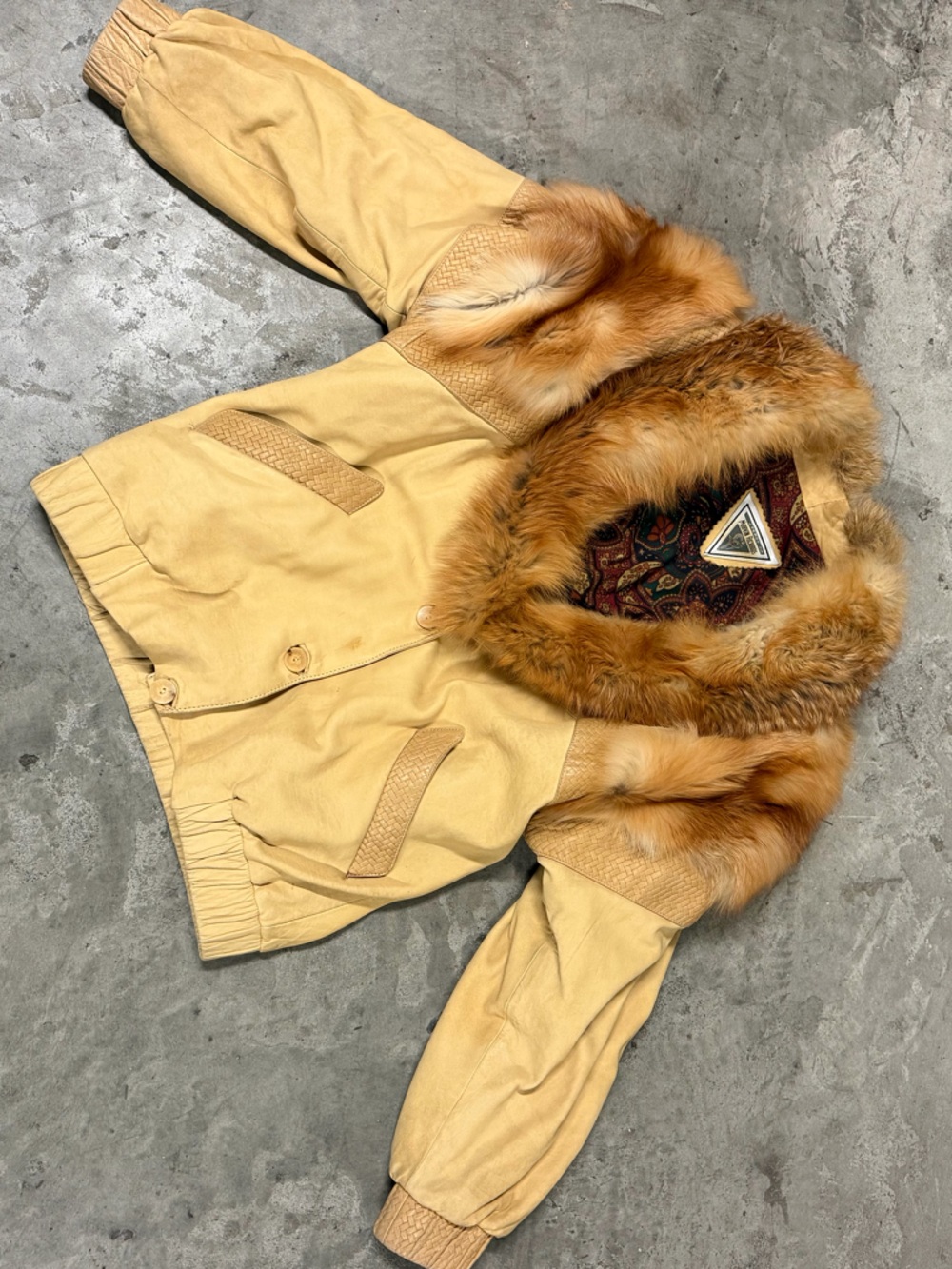Vintage Tan Real Fox Fur & Leather  Bomber Jacket